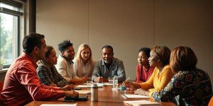 Grup divers de oameni discutând politici sociale.