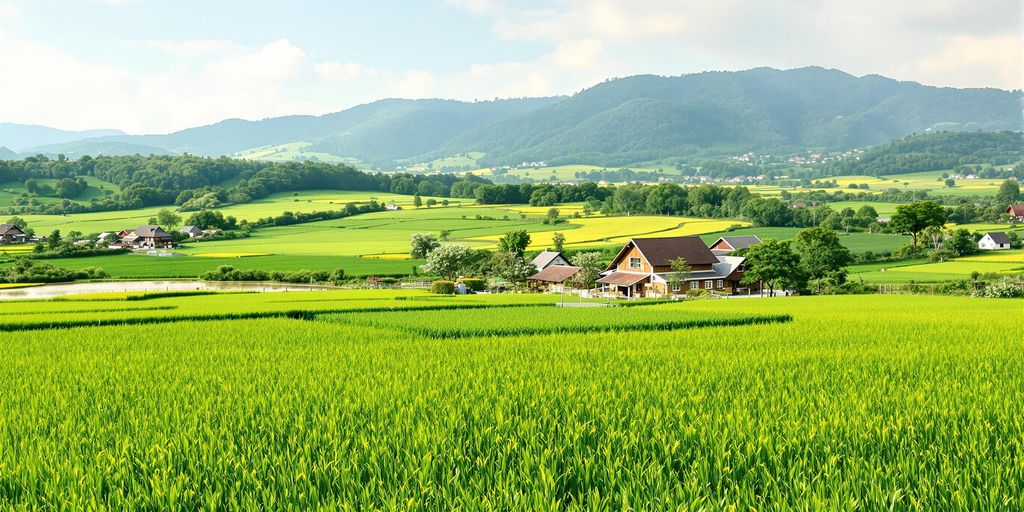 Peisaj rural cu câmpuri verzi și case tradiționale.