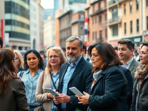 Discuții între cetățeni despre politici fiscale în oraș.