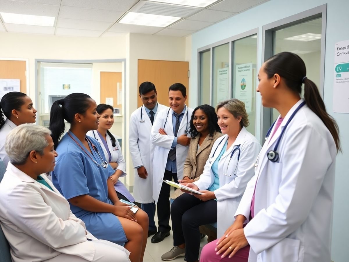 Profesioniști în sănătate colaborând într-o clinică modernă.