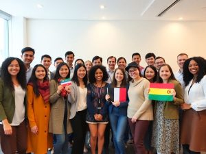 Grup divers de oameni din diaspora, cu steaguri diferite.