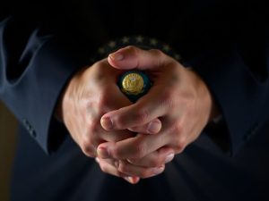 Mâini împreunate, un sigiliu guvernamental, cu raze de lumină.