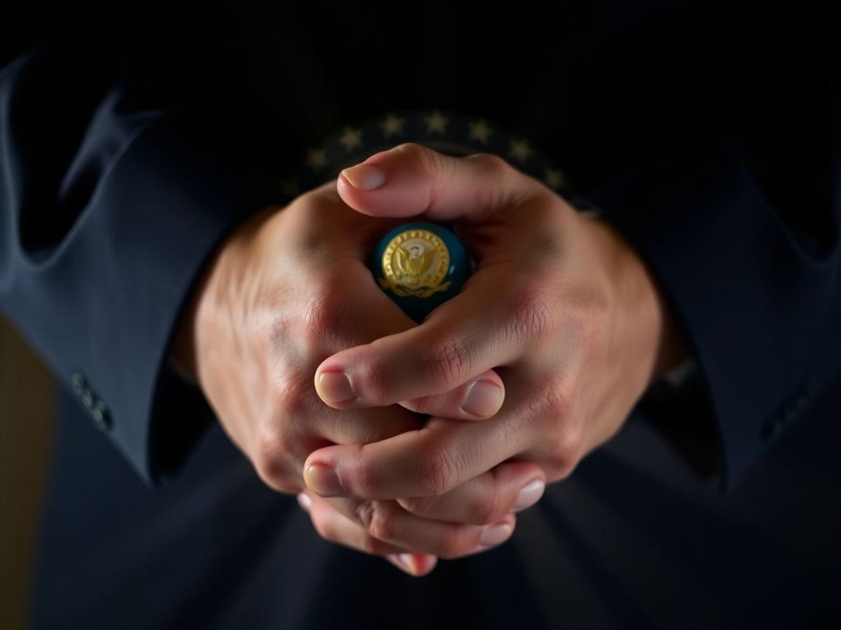 Mâini împreunate, un sigiliu guvernamental, cu raze de lumină.