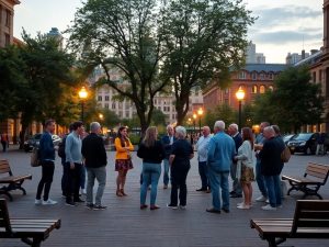 Oameni de diferite vârste într-un cerc pe piață urbană seară