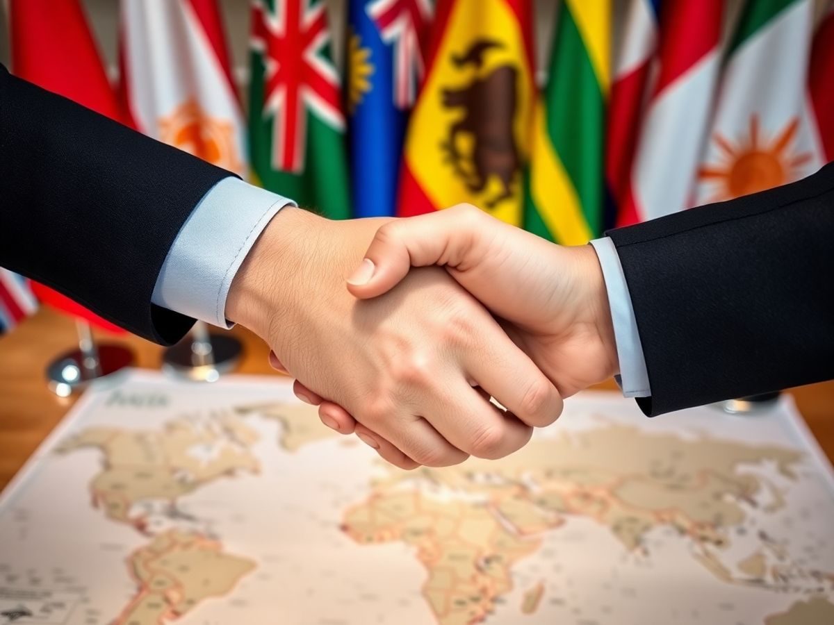 Hărți, drapele naționale, mâini strânse, în culori vibrante.