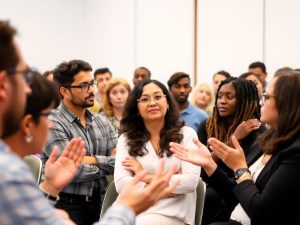 Oameni discutând într-o sală, simbolizând colaborarea.