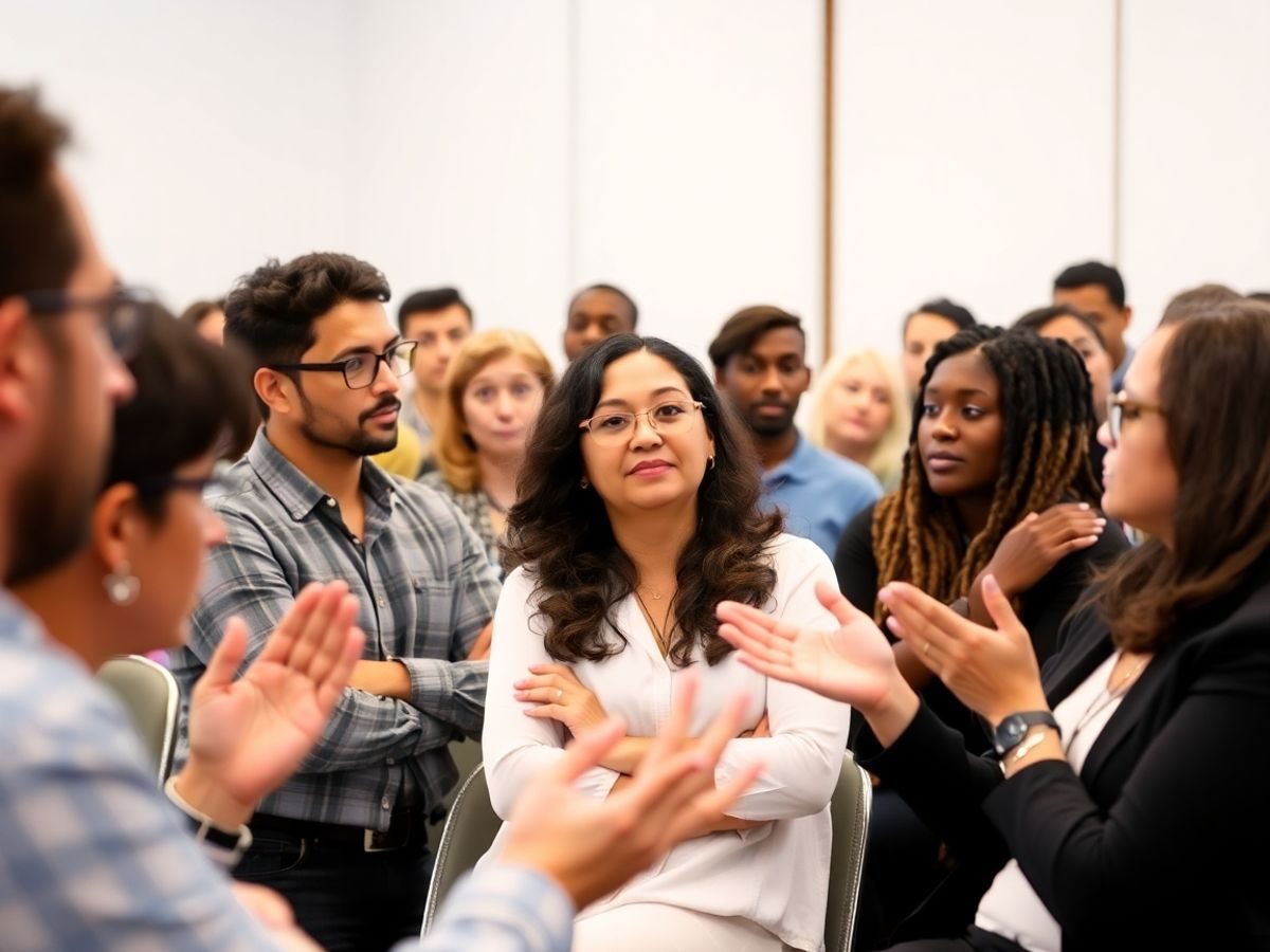 Oameni discutând într-o sală, simbolizând colaborarea.