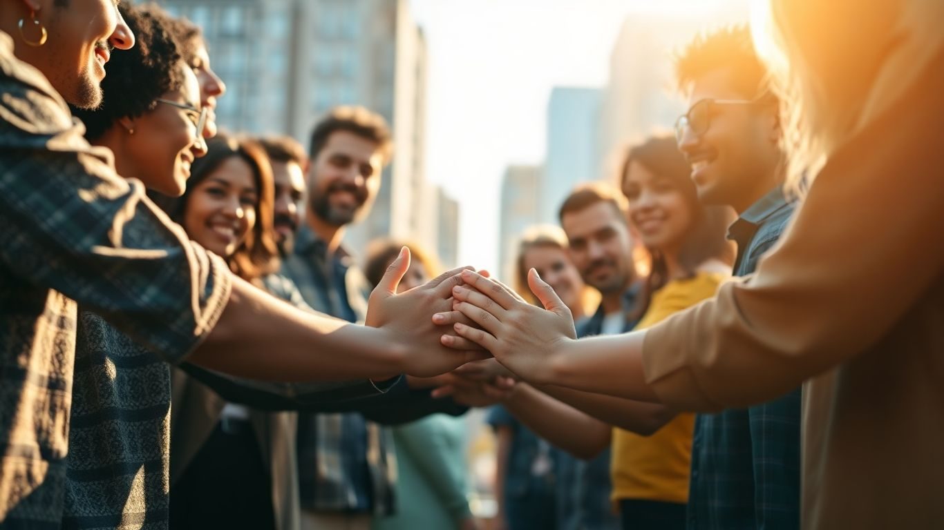 Grup divers de oameni uniți, cu mâinile împreunate.