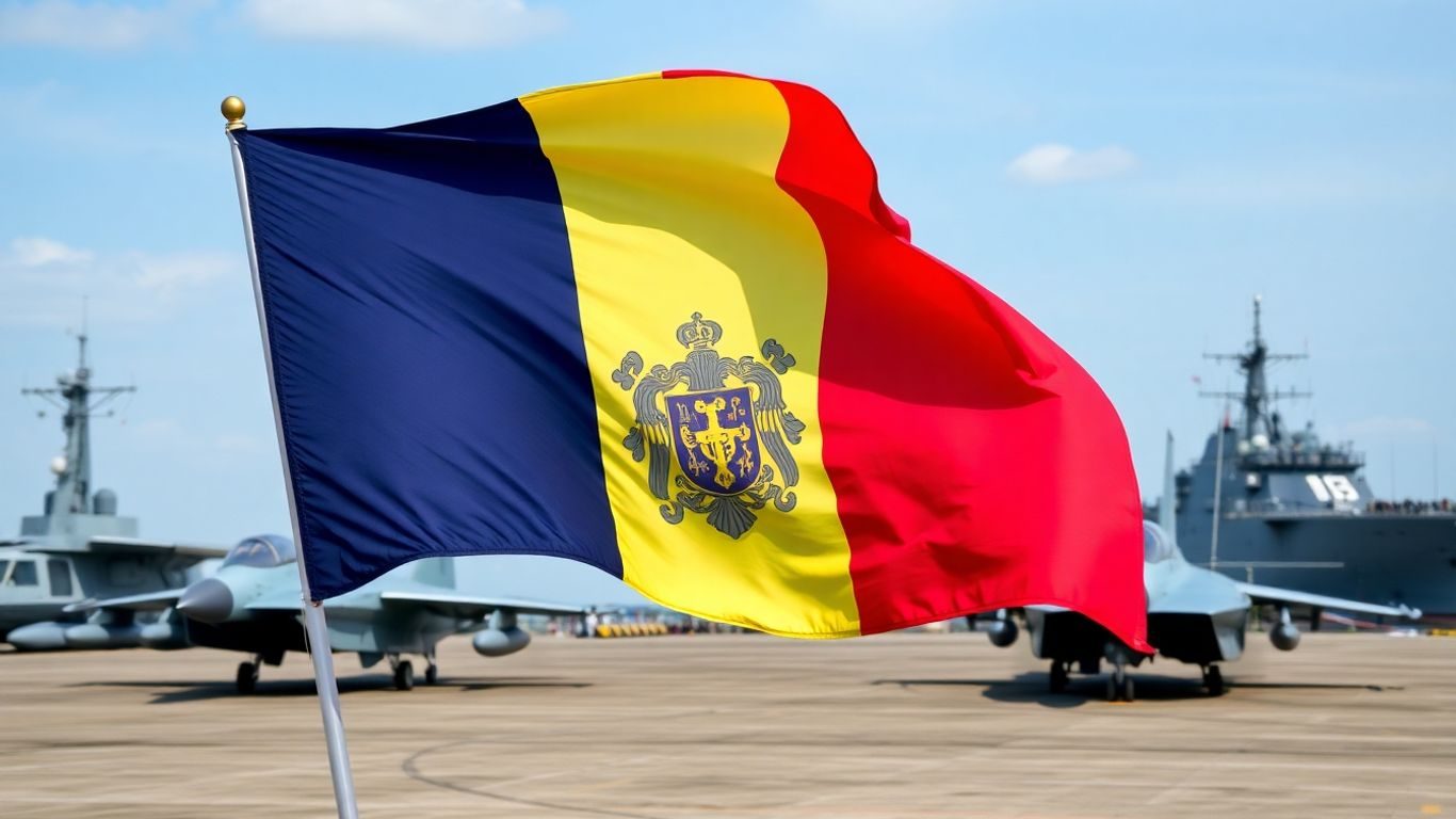 Steagul României cu avioane și nave militare.