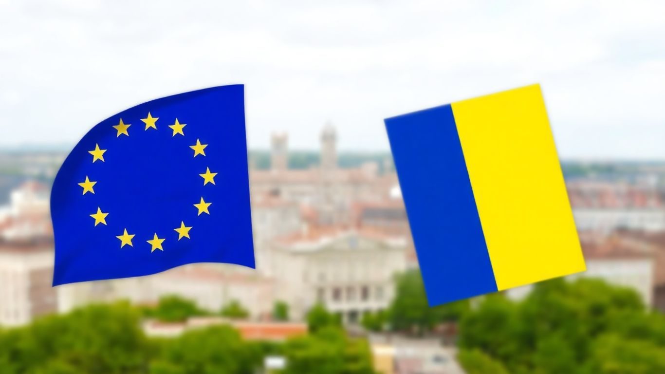 Steagurile UE și România, clădiri în fundal.