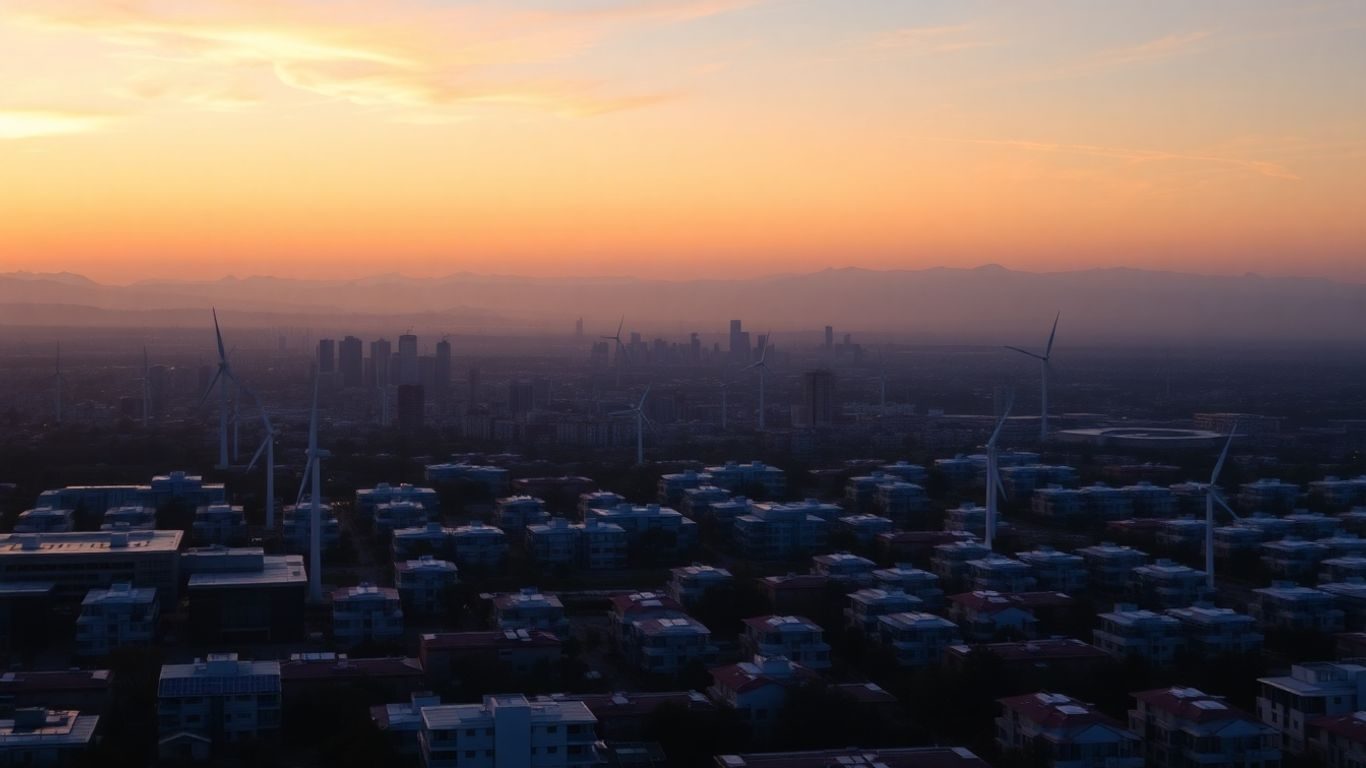 Oraș modern cu turbine eoliene și panouri solare.